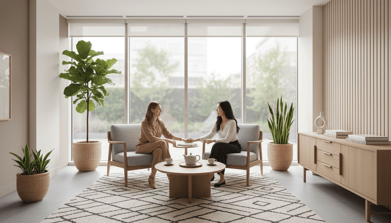 Wellness professional having a consultation with a client in a modern office