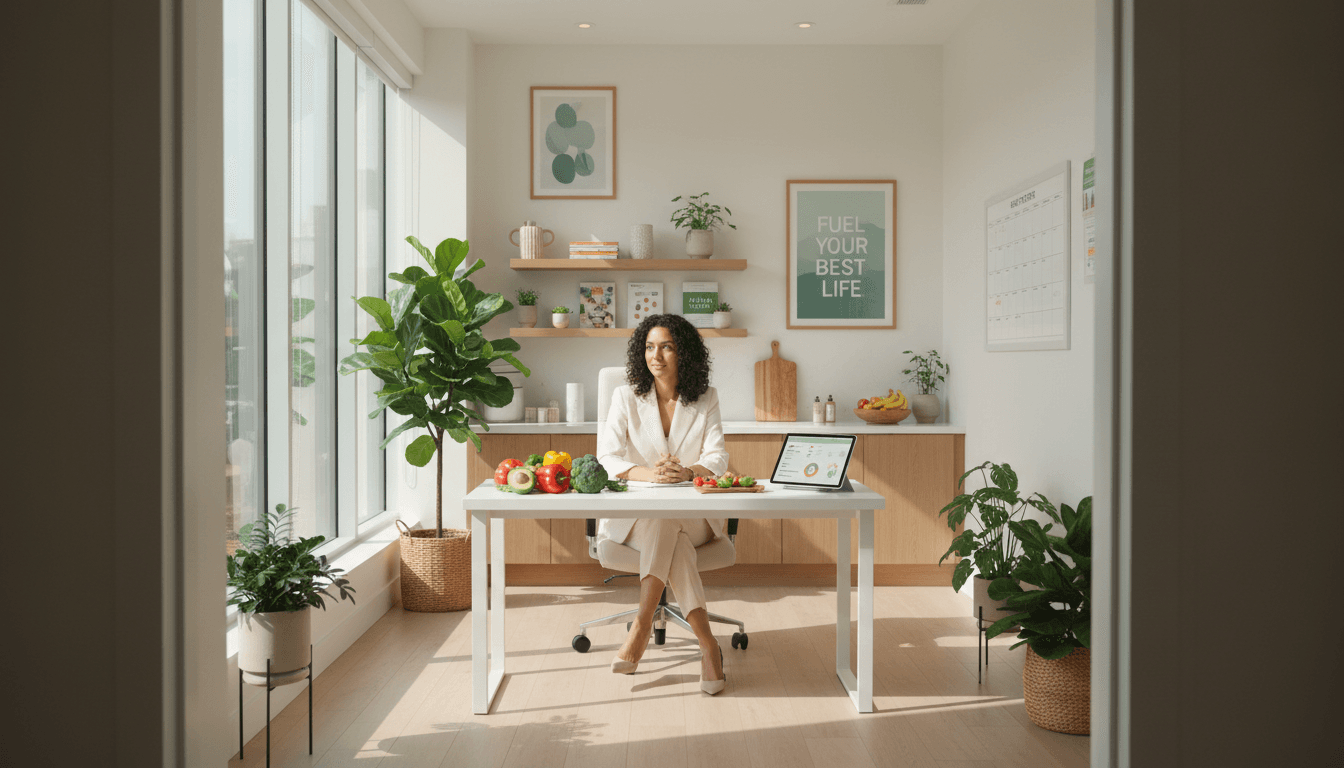 Modern wellness laboratory workspace with premium supplement formulation equipment