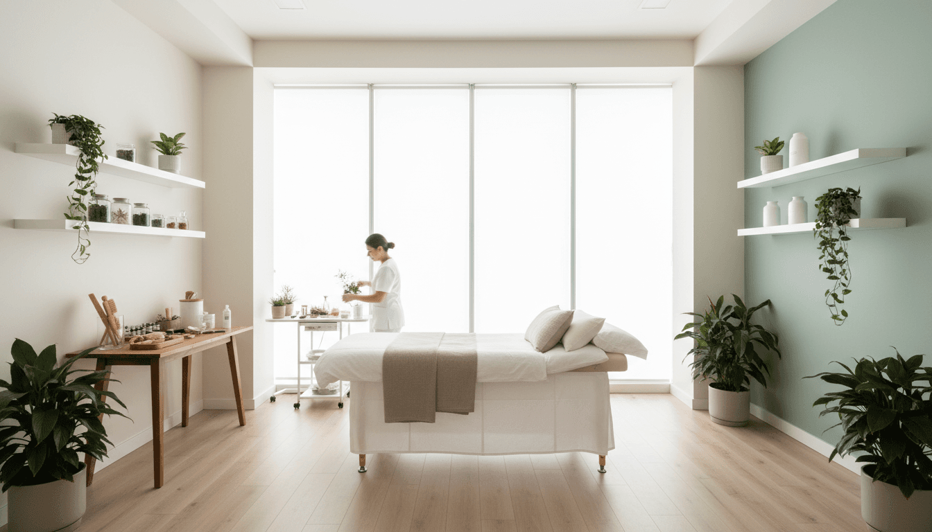 Bright modern wellness studio with premium supplement bottles and motivational ambiance