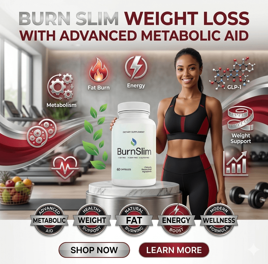 Smiling athletic woman with BurnSlim weight loss supplement bottle and metabolic health benefit icons.