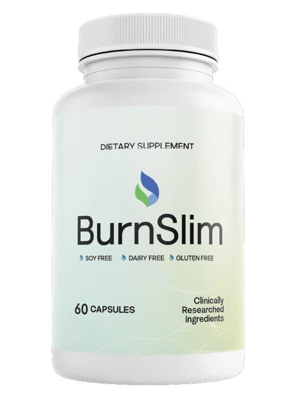 White bottle of BurnSlim dietary supplement with 60 capsules, soy-free, dairy-free, and gluten-free.